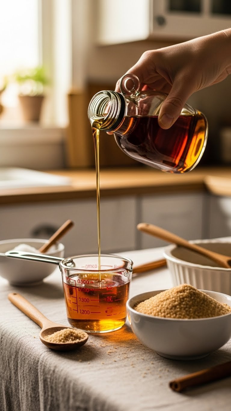 Natural sweeteners including maple syrup pouring into measuring cup and coconut sugar for healthy baking