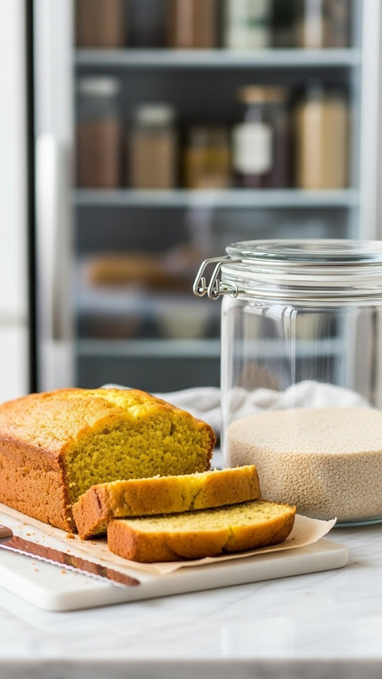 Neat stack of moist yellow zucchini bread slices next to airtight glass storage container on marble countertop