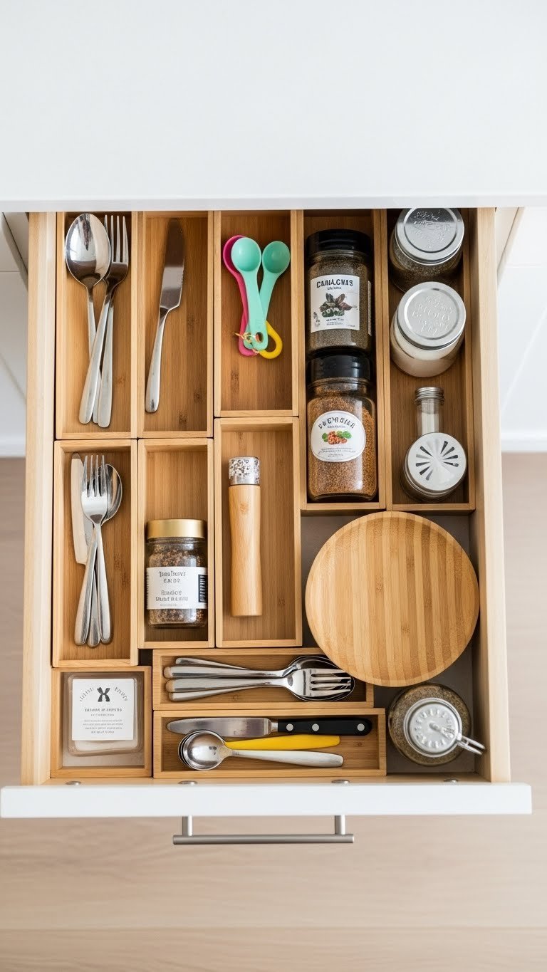 Neatly organized kitchen drawer with bamboo dividers separating utensils in natural wood and white color scheme.