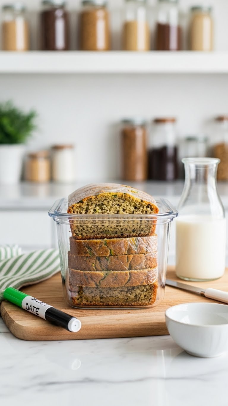 Neatly stacked keto zucchini bread slices stored in airtight container for freshness preservation
