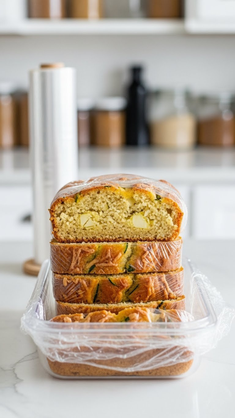 Neatly stacked savory zucchini bread slices stored in airtight container for freshness