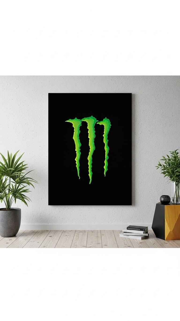 Neon green Monster Energy claw logo painted on textured black canvas displayed in minimalist modern gallery setting