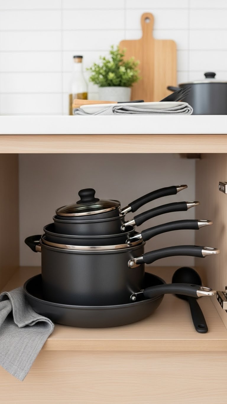 Nested pots and pans stacked efficiently within small kitchen cabinet showing space-saving design