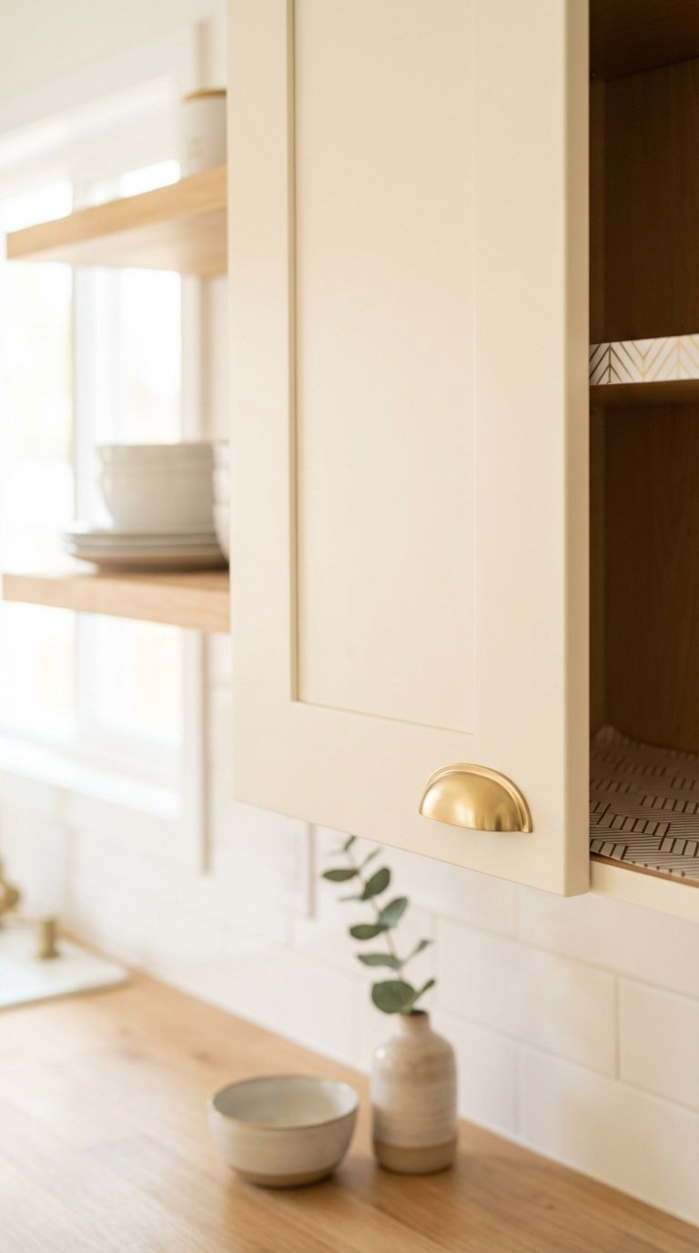 Neutral kitchen cabinet with gold drawer pull and patterned shelf liner showing renter-friendly customization