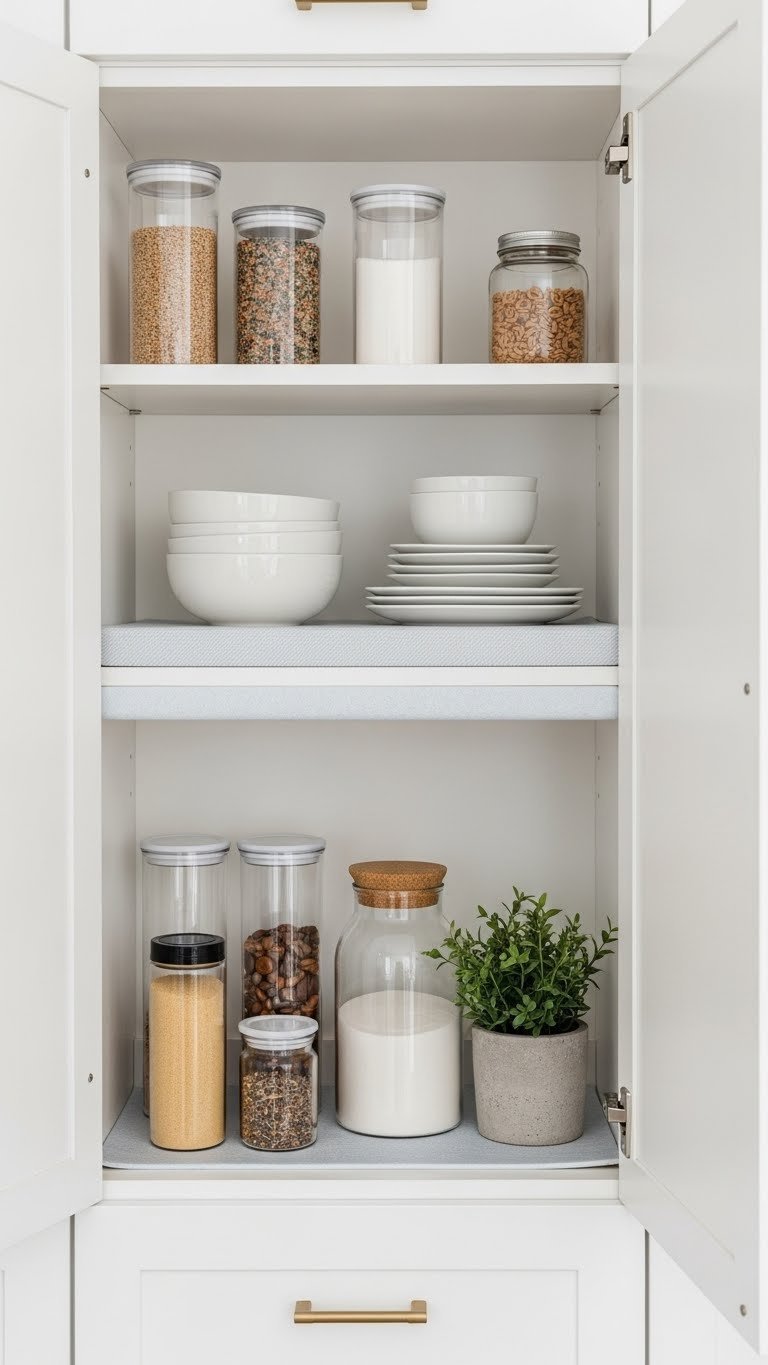 Neutral removable shelf liner applied to apartment kitchen cabinet interior providing clean surface for organized dishes.