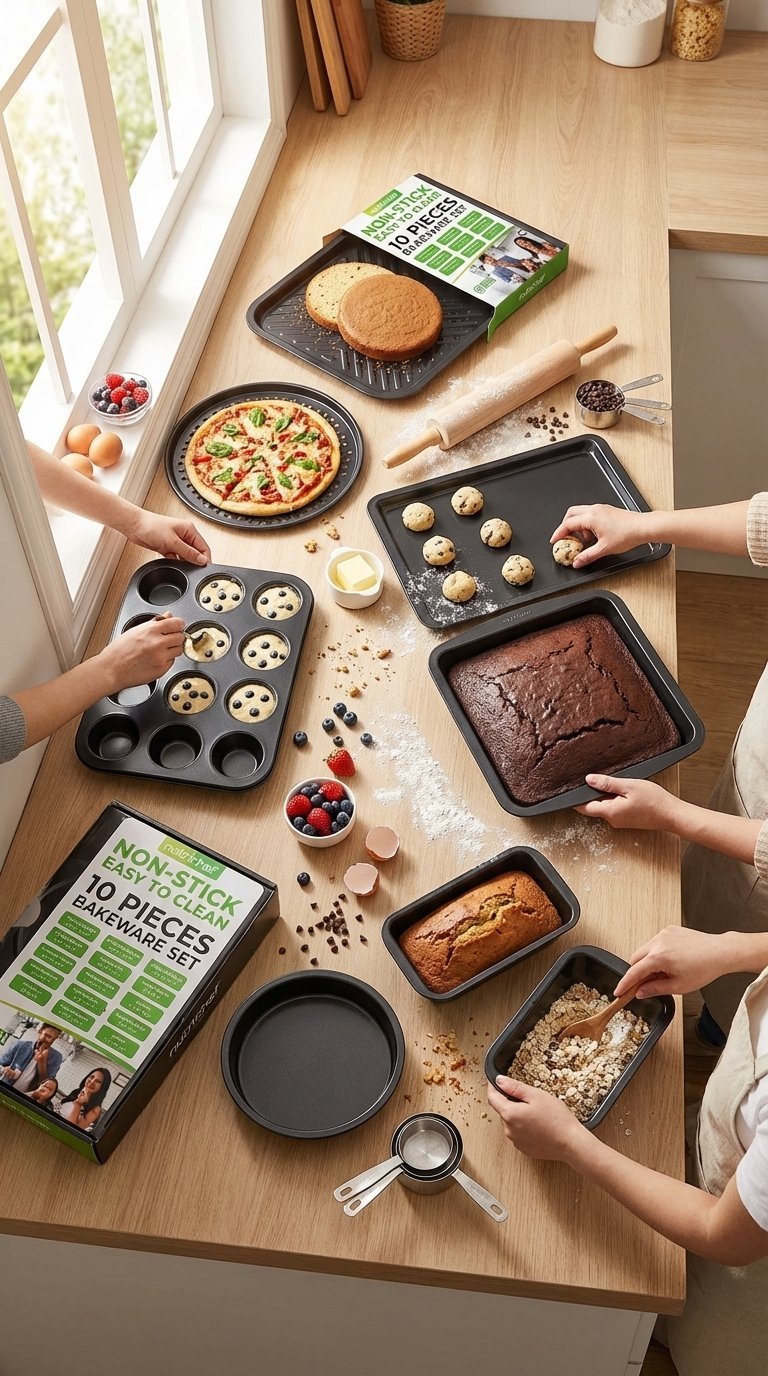several pieces of the NutriChef set on a kitchen counter with baking ingredients like flour, eggs, and a mixing bowl.