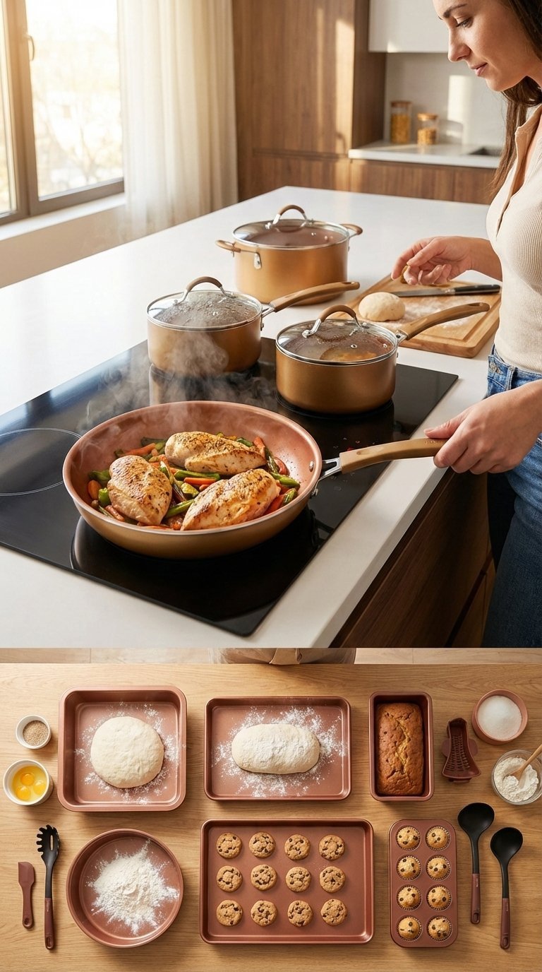 An image showing the NutriChef 20 Piece Professional Home Kitchen Cookware And Bakeware set being tested on an induction stovetop.