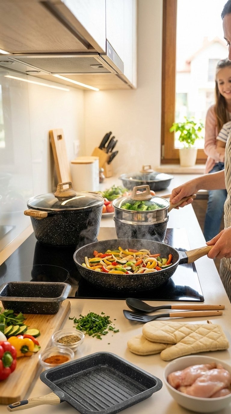 Nutrichef 22-Piece Ceramic Set Review: Worth The Hype? 2 A collage of photos showing the NutriChef fry pan on a stovetop with an egg sliding out, a steak searing, and muffins in the bakeware.