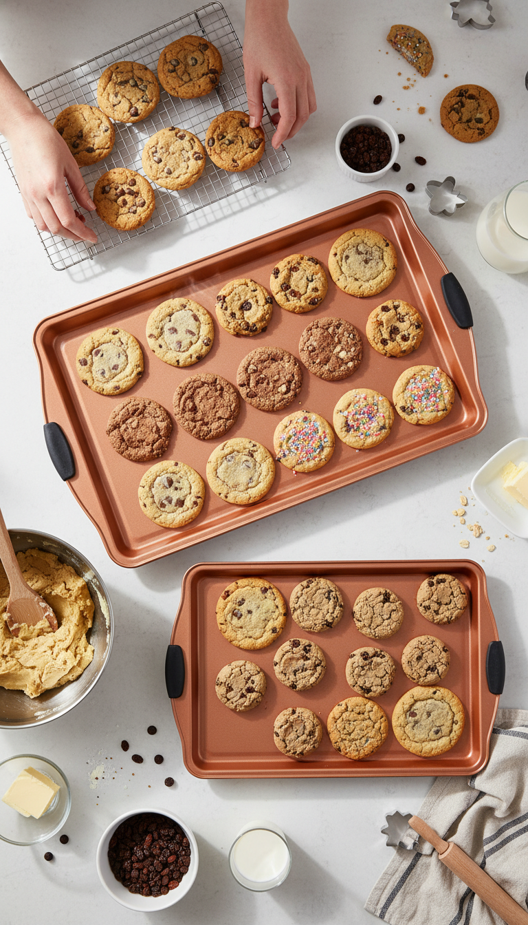 Nutrichef 3 Piece Cookie Sheets Review: Worth It For Bakers? 2 A photo showing the NutriChef cookie sheets on an oven rack with freshly baked cookies, demonstrating them in a real use-case scenario.