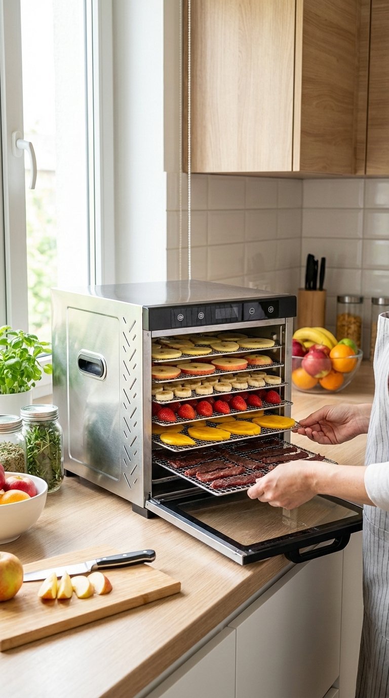 A picture of the NutriChef 900-watt food dehydrator on a kitchen counter, filled with sliced apples. A digital thermometer probe is visible inside, showing the testing process.