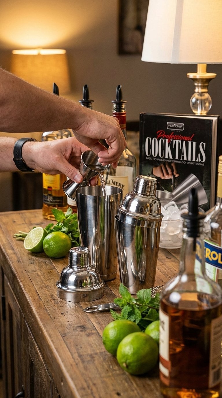 A photo of the NutriChef cocktail shaker set arranged neatly on a home bar top, with ingredients for a cocktail like limes, mint, and a bottle of rum nearby.
