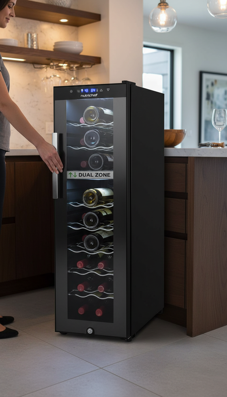 A photo showing the NutriChef wine fridge in a kitchen setting with a digital thermometer visible inside and a decibel meter placed next to it.