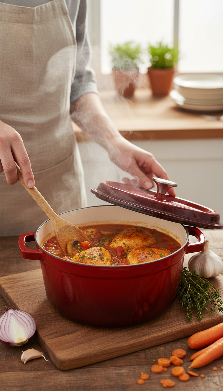 An image of the NutriChef dutch oven on a stovetop with an infrared thermometer pointed at its surface.