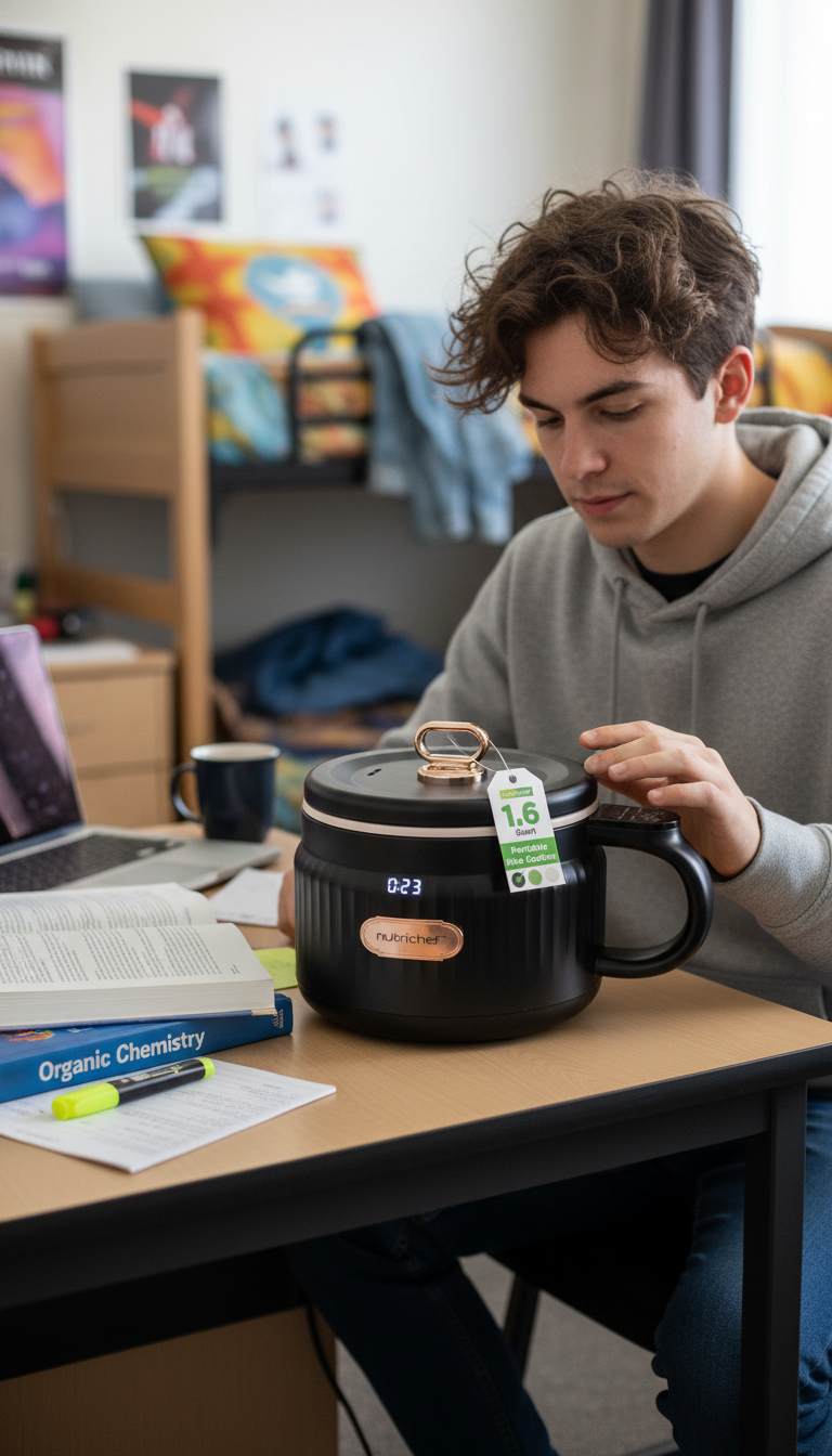 A NutriChef Portable Rice Cooker on a kitchen counter next to a bowl of rice and some vegetables.