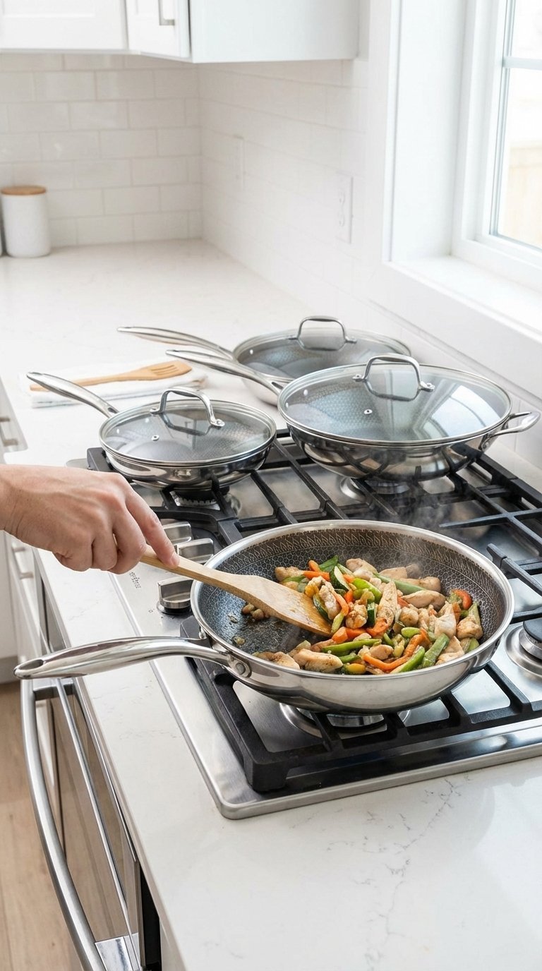 Nutrichef Tri-Ply Pan Set Review: Worth It For Home Cooks? 2 An infrared thermometer pointed at a NutriChef pan on a stove, measuring heat distribution.