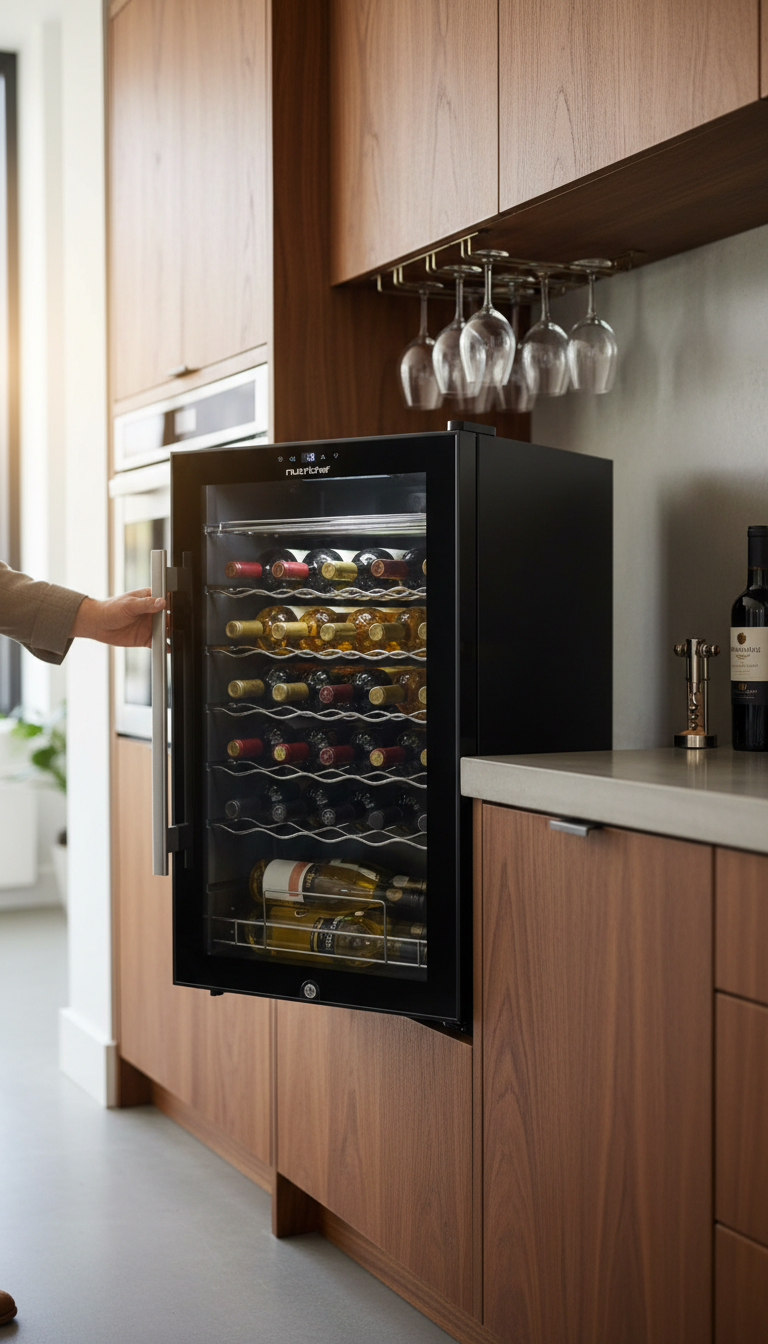 Nutrichef 34 Bottle Wine Fridge Review: Worth It? 2 A photo showing the Nutrichef 34 bottle wine fridge in a kitchen setting with a digital thermometer visible inside.