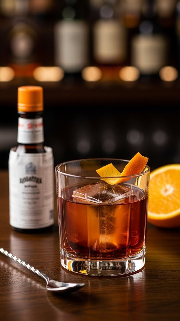 Oaxaca Old Fashioned cocktail with large ice cube and orange peel in rocks glass on dark wood