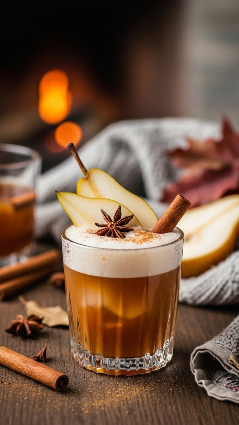 Old-fashioned glass with warm amber spiced pear ginger fizz featuring frothy top and pear slices garnished with cinnamon stick