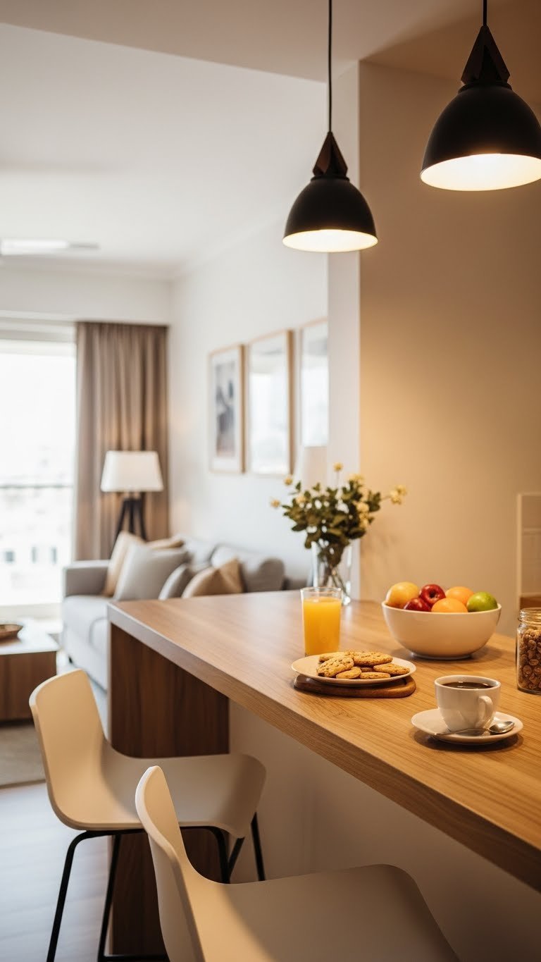 Open Indian apartment kitchen with stylish breakfast counter and bar stools blending seamlessly with living area
