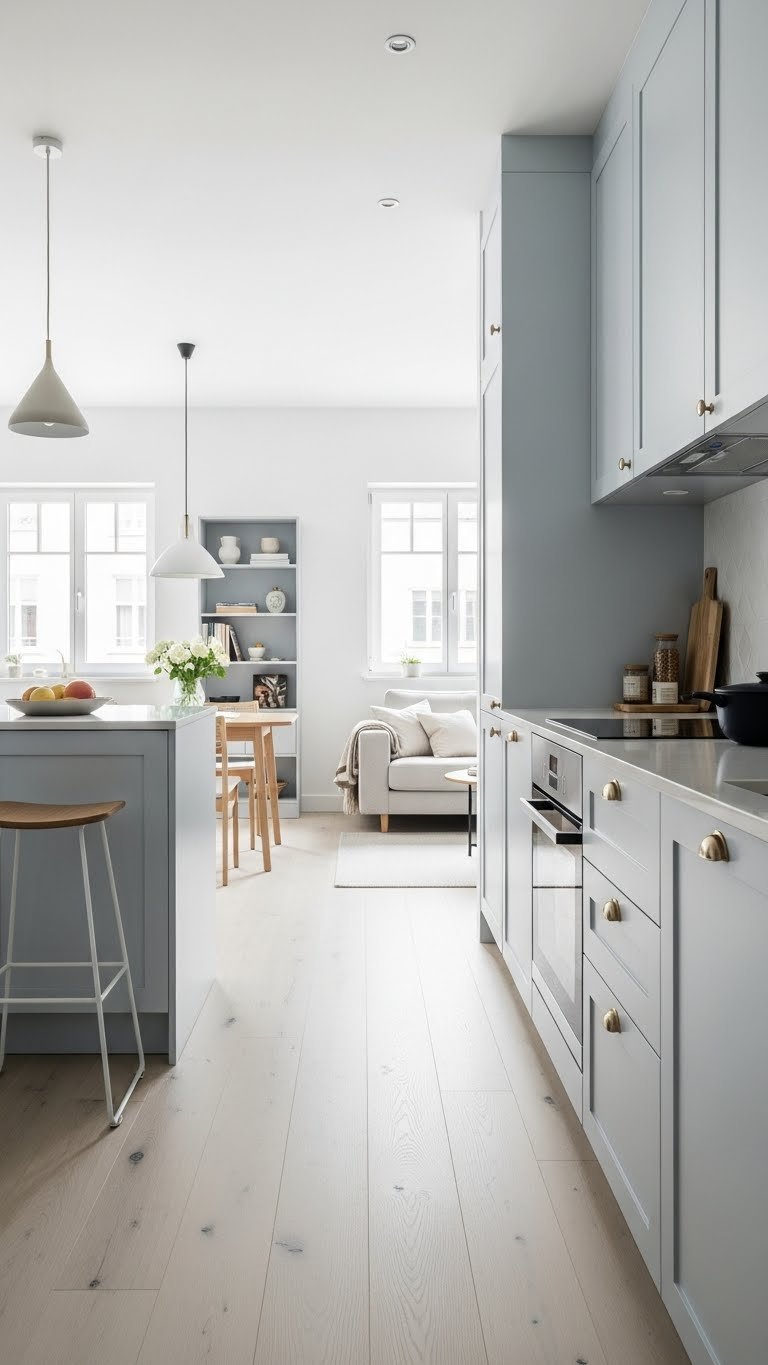 Open-concept kitchen blending into living area with seamless flooring and minimalist furniture arrangement.