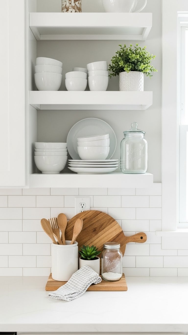 White Kitchen Cabinets: 9 Proven Apartment Ideas For Space 9 Open floating shelves above white lower cabinets displaying curated dishware and greenery in airy apartment kitchen.