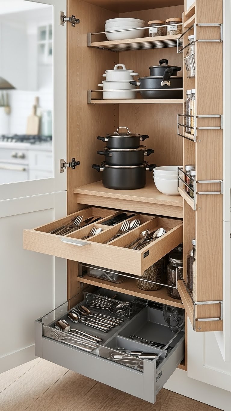 Open kitchen cabinet interior with pull-out shelves organizing stackable pots and pans efficiently
