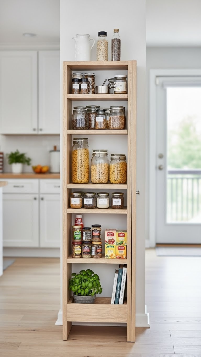Open shelving mini pantry with organized jars and storage bins in light wood tones against kitchen backdrop.