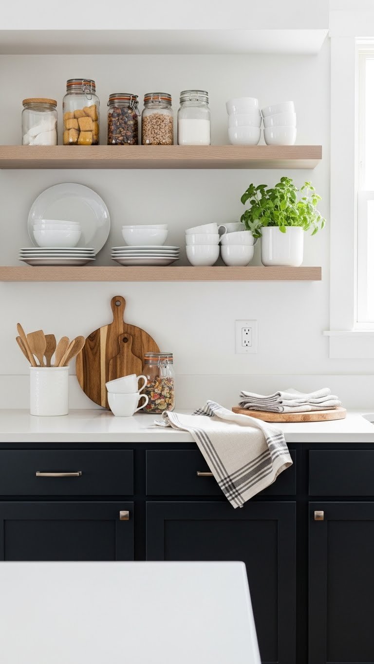 Open shelving unit displaying white dishware above dark kitchen cabinets in modern apartment organization