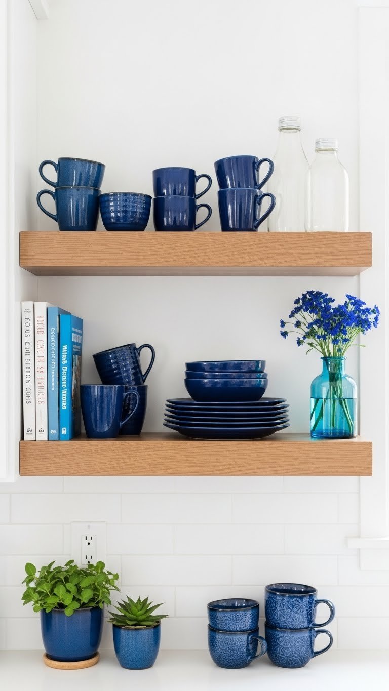 Open wooden shelves displaying blue ceramic mugs, navy dinner plates, and blue flowers against white wall