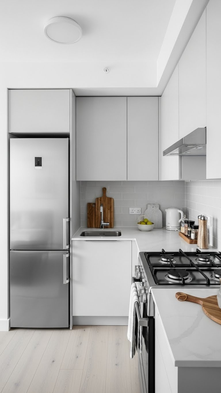Optimized kitchen work triangle showcasing refrigerator, sink, and stove placement for efficient workflow.