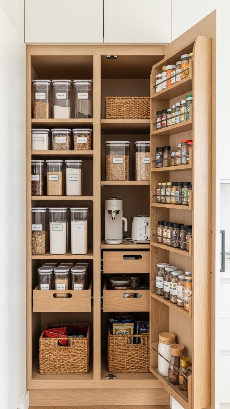 Optimized pantry organization system with neat rows of airtight containers and pull-out shelves in compact studio kitchen
