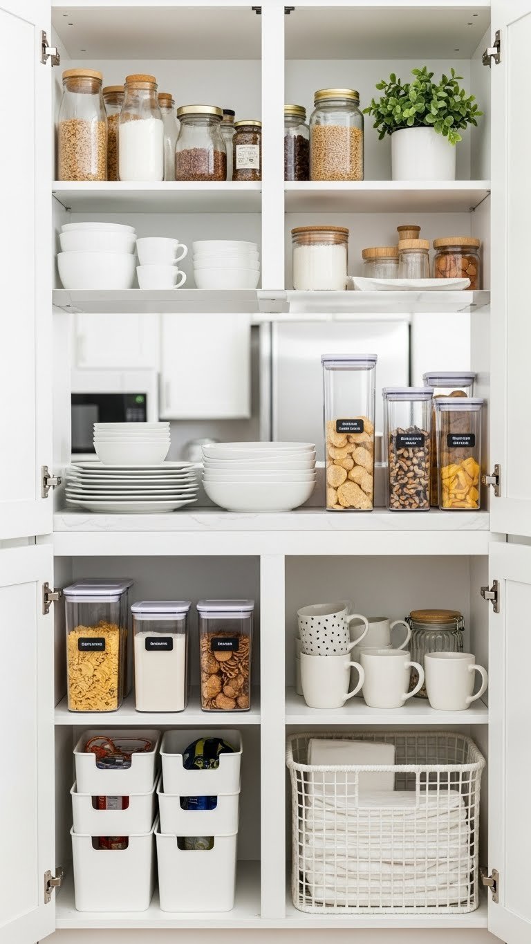 Organized apartment kitchen cabinet interior with tiered shelves, stackable containers, and under-shelf basket for mugs