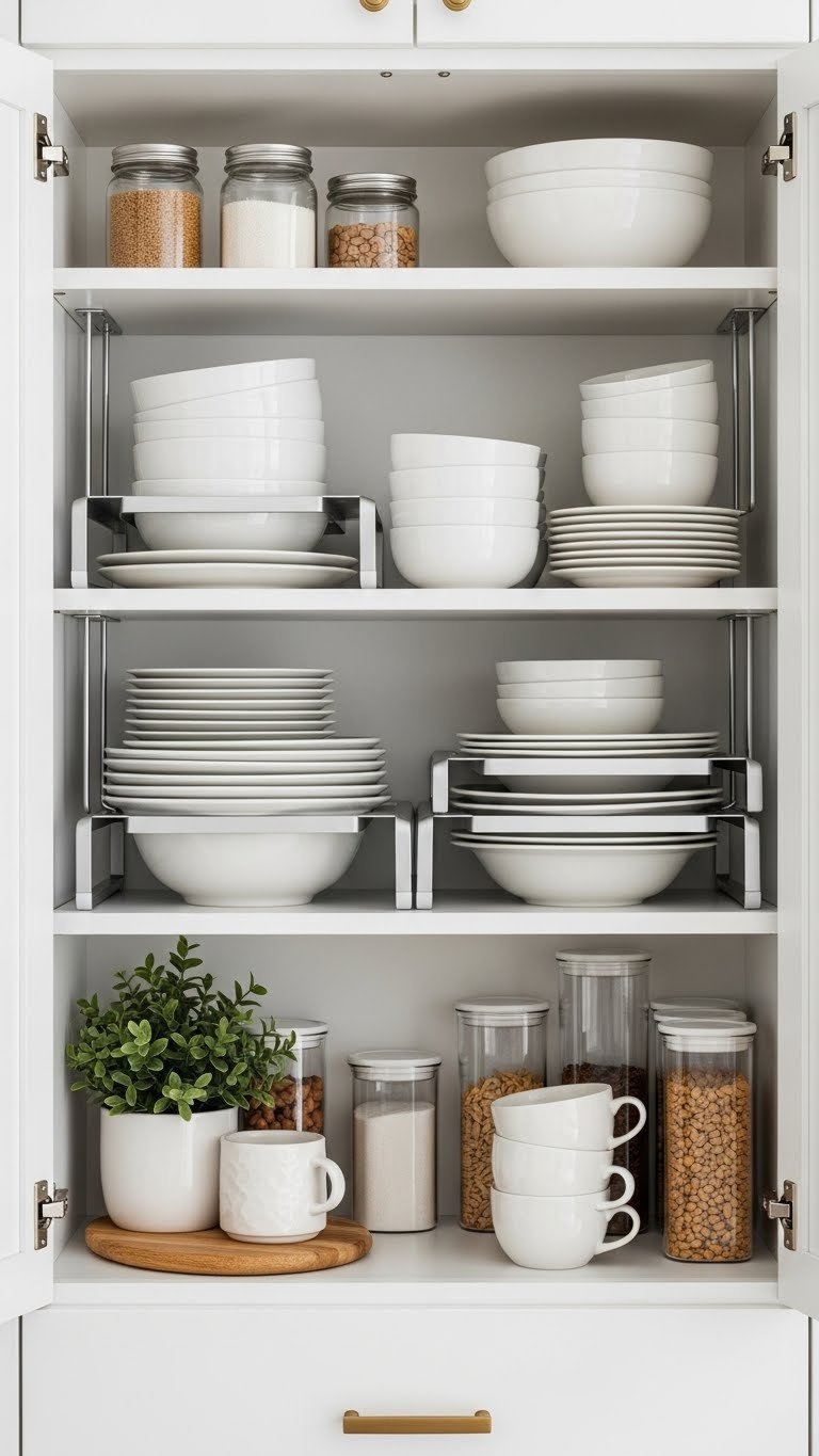 Organized apartment kitchen cabinet interior with vertical storage solutions featuring stacked plates and metal shelf risers.