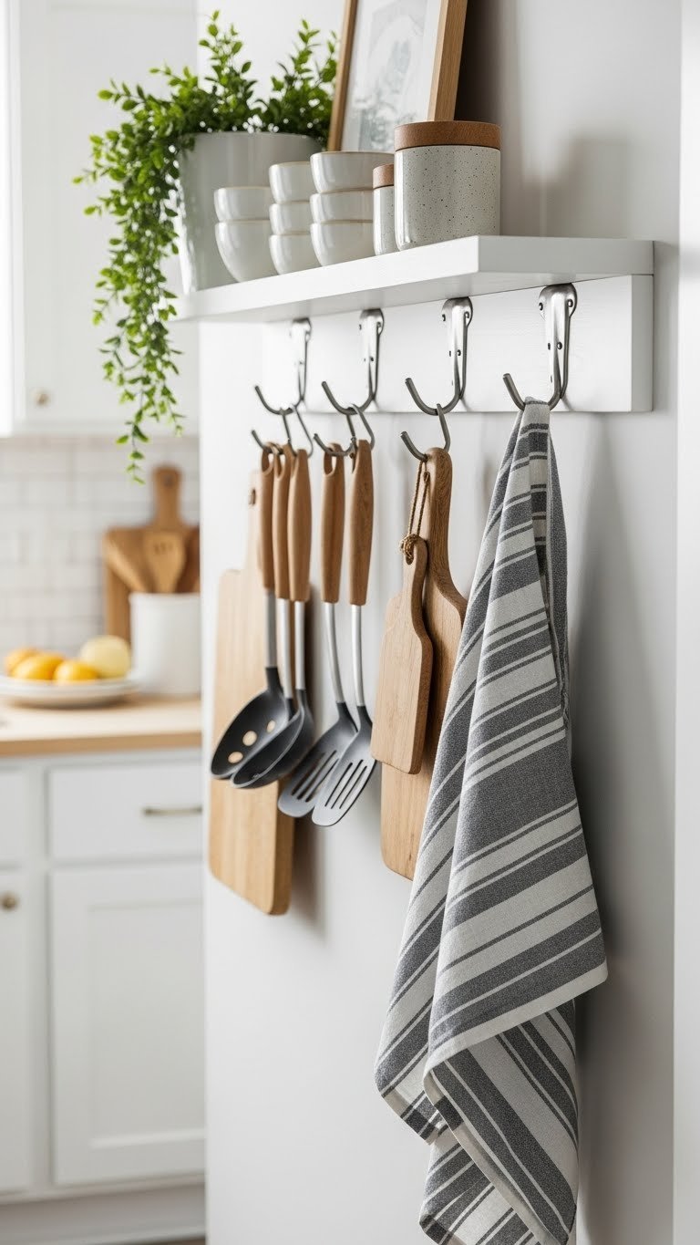 Organized apartment kitchen wall with Command hooks holding utensils and dish towels arranged neatly