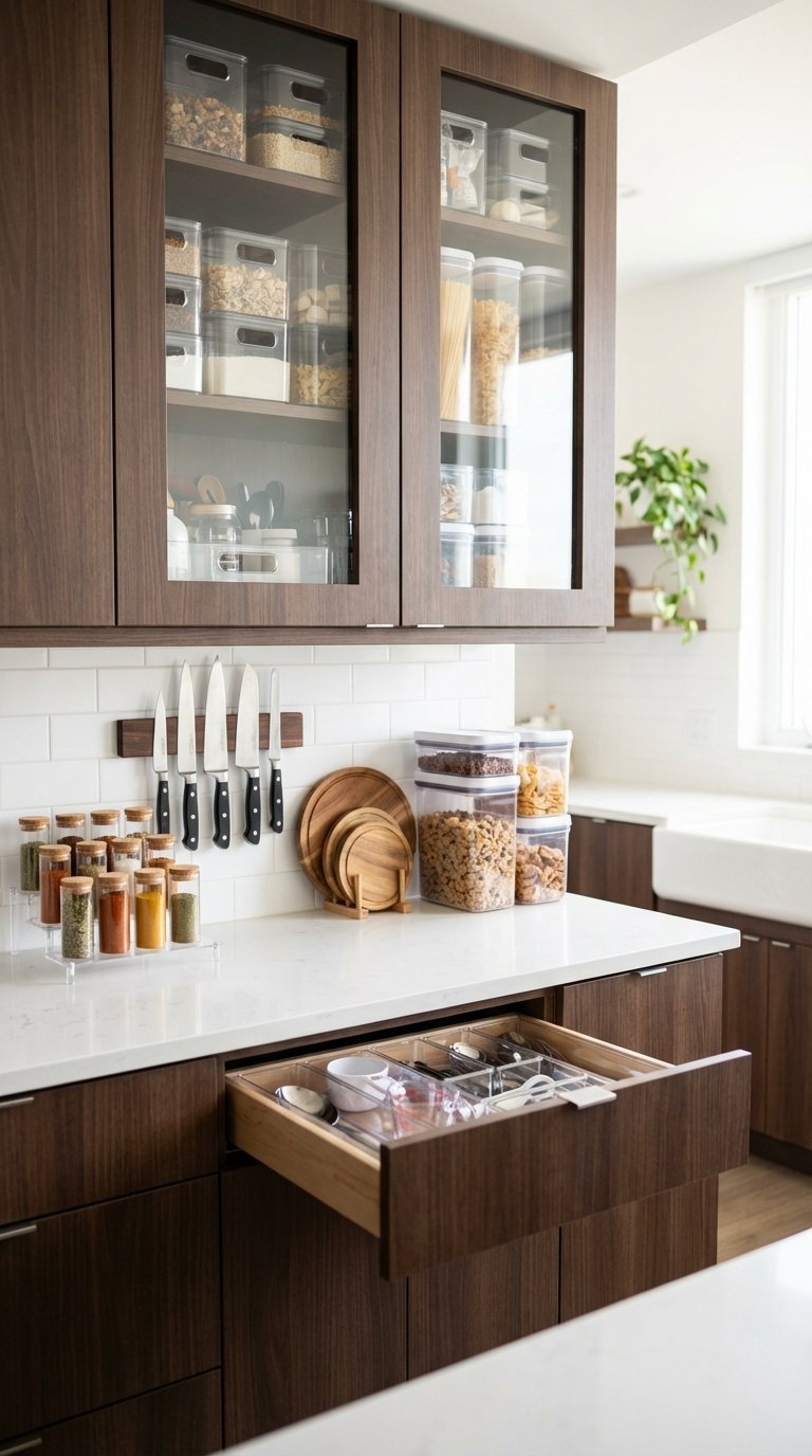 Organized apartment kitchen with dark brown cabinets showcasing smart storage solutions and clear acrylic organizers