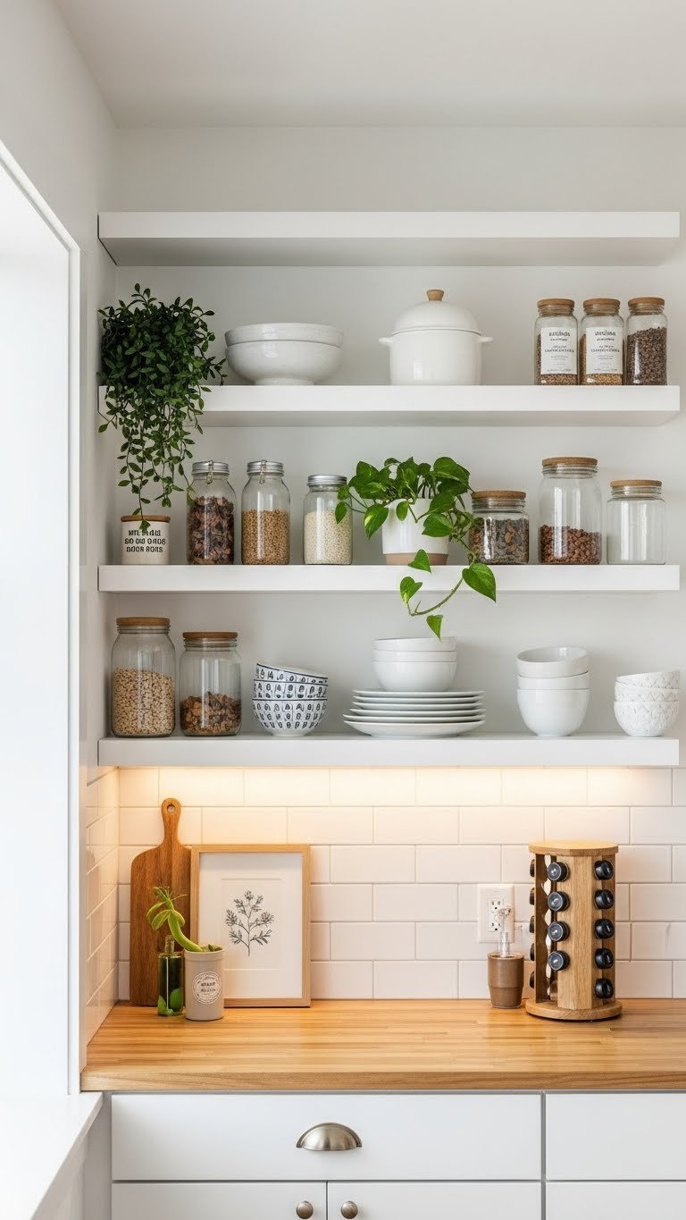 Organized apartment kitchen with open shelving displaying pantry items, dishware, and vertical spice rack on white brick wall