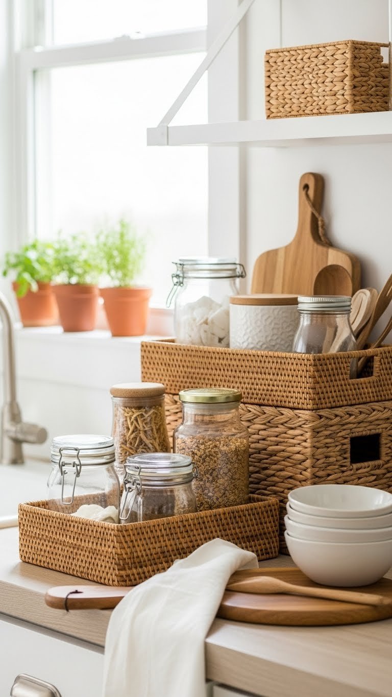 Organized boho kitchen storage with woven baskets, ceramic canisters, and glass jars on countertop