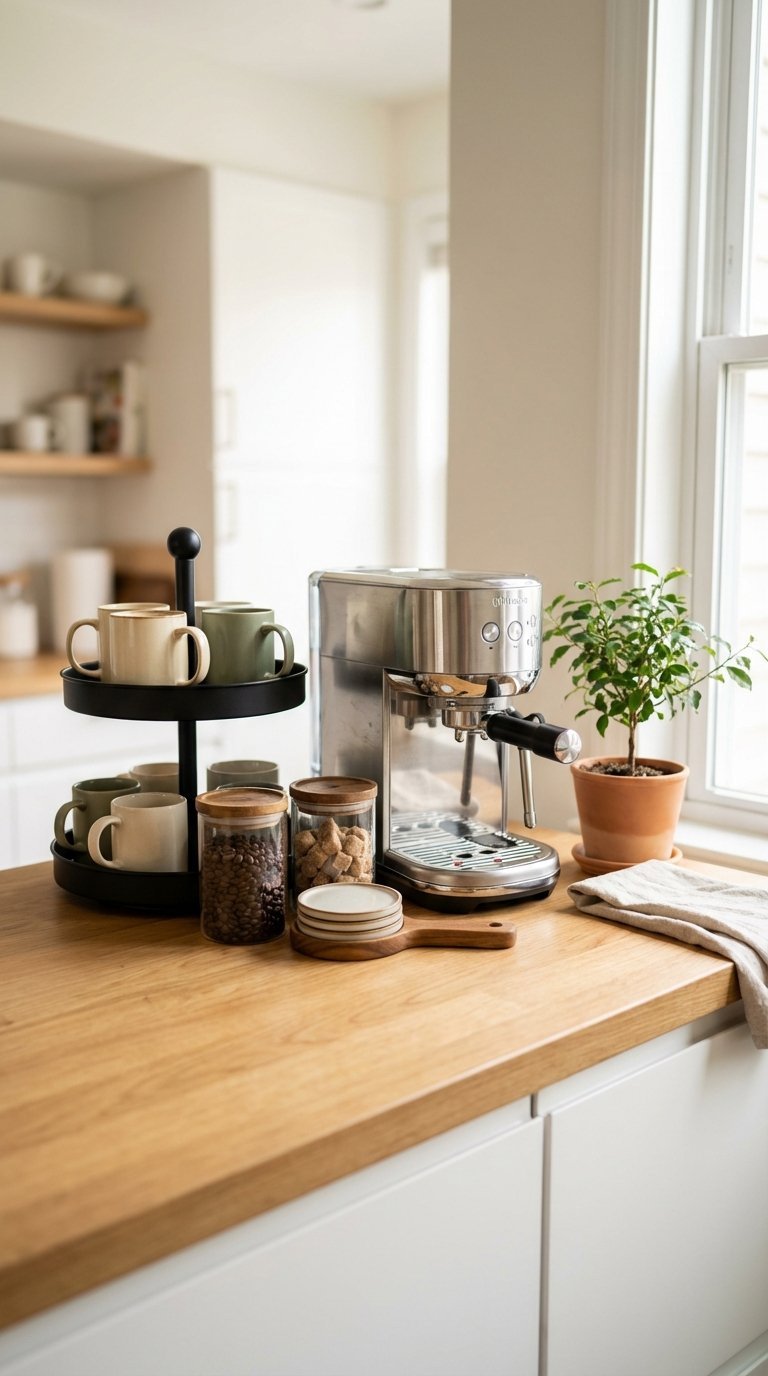 Organized coffee station with sleek coffee maker and mugs on tiered stand creating inviting morning ritual spot