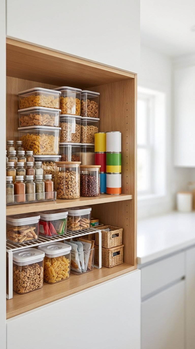 Organized college apartment pantry with clear stackable bins and shelf risers for efficient food storage