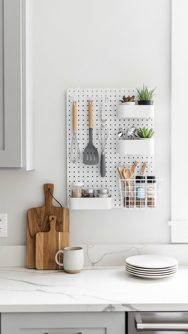 Organized decorative pegboard system with kitchen tools, hanging baskets, and plants for functional wall storage solution.