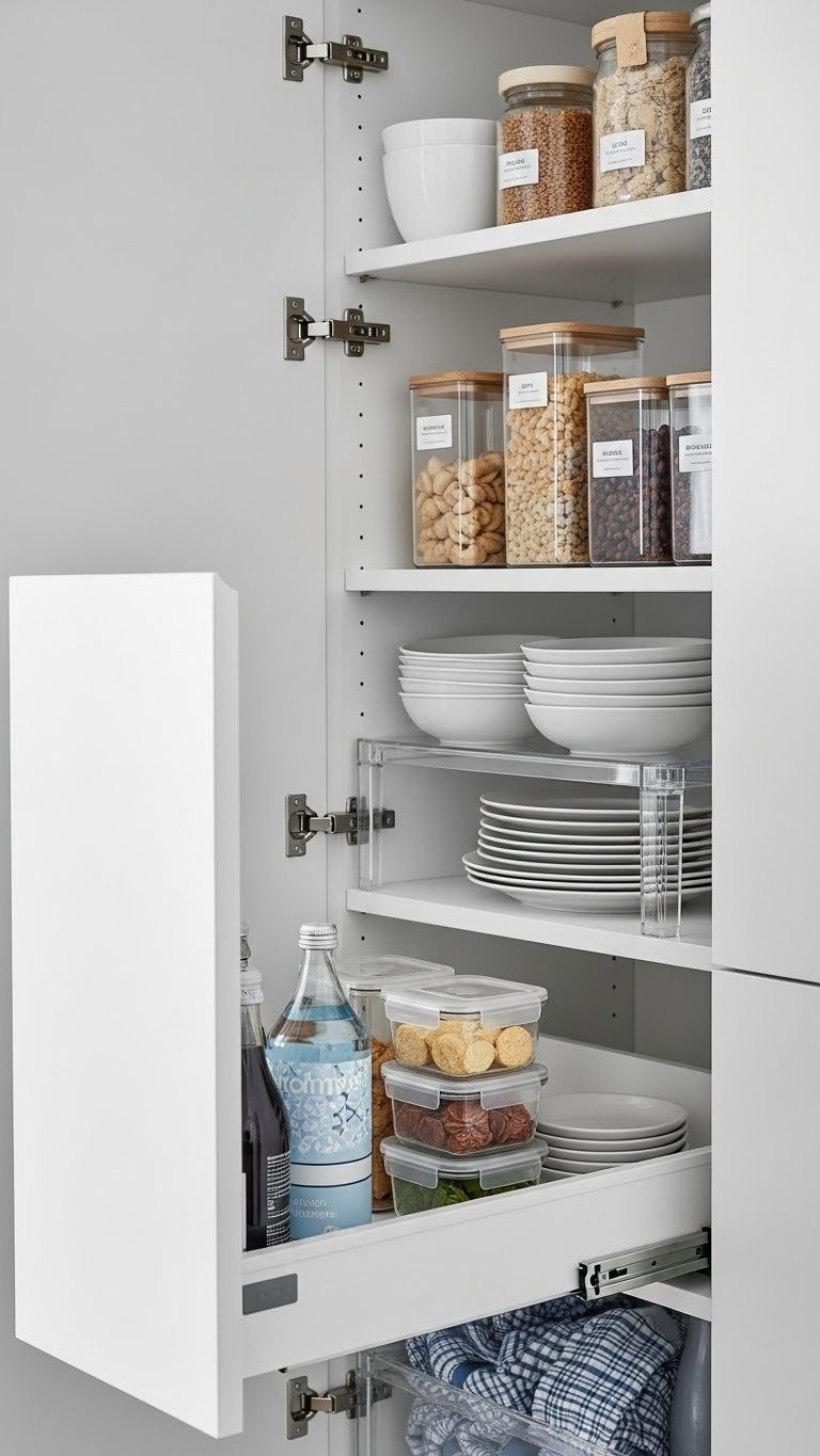 Organized kitchen cabinet interior with pull-out drawers and neatly stacked dinnerware in monochromatic blues