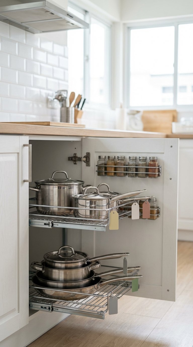 Organized kitchen cabinet with chrome pull-out shelves neatly arranged with pots and pans for easy access