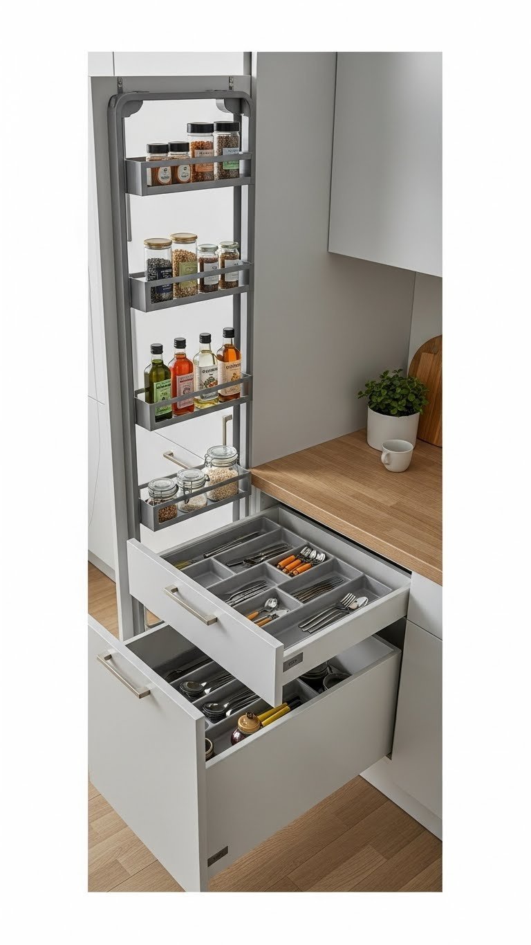 Organized kitchen drawer with custom inserts for cutlery and spices alongside pull-out pantry unit