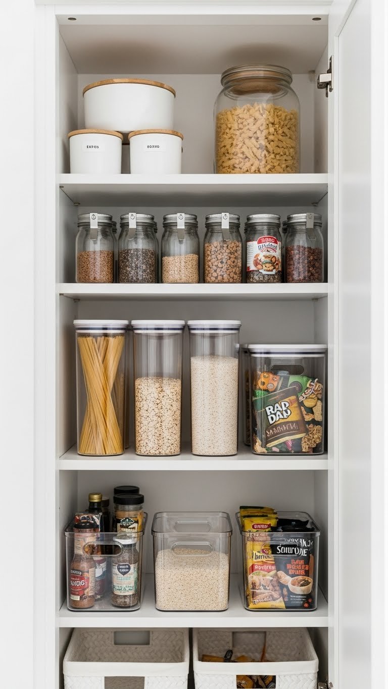 Organized pantry shelf with clear airtight containers of pasta and rice in a small studio apartment kitchen storage system