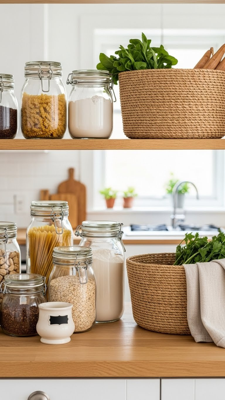 Organized pantry with mason jars filled with staples and woven baskets arranged on wooden shelf for storage