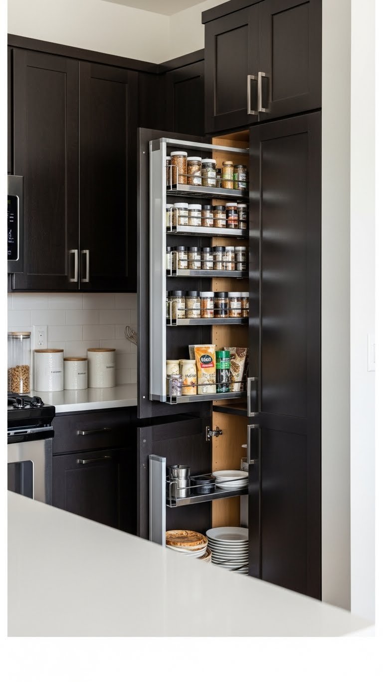 Organized vertical spice rack storage integrated near dark kitchen cabinets in efficient apartment organization