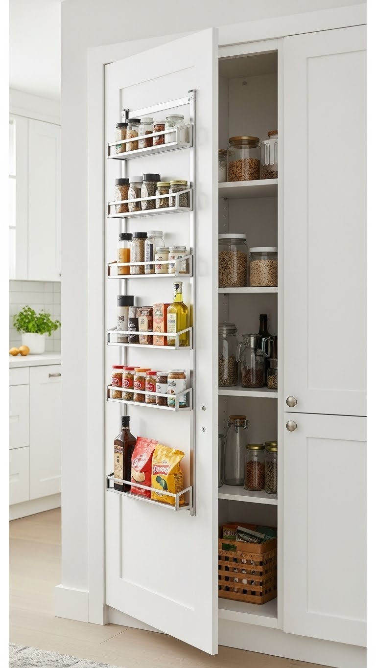 Over-the-door organizer holding colorful spice jars and snacks on a white kitchen pantry door interior.