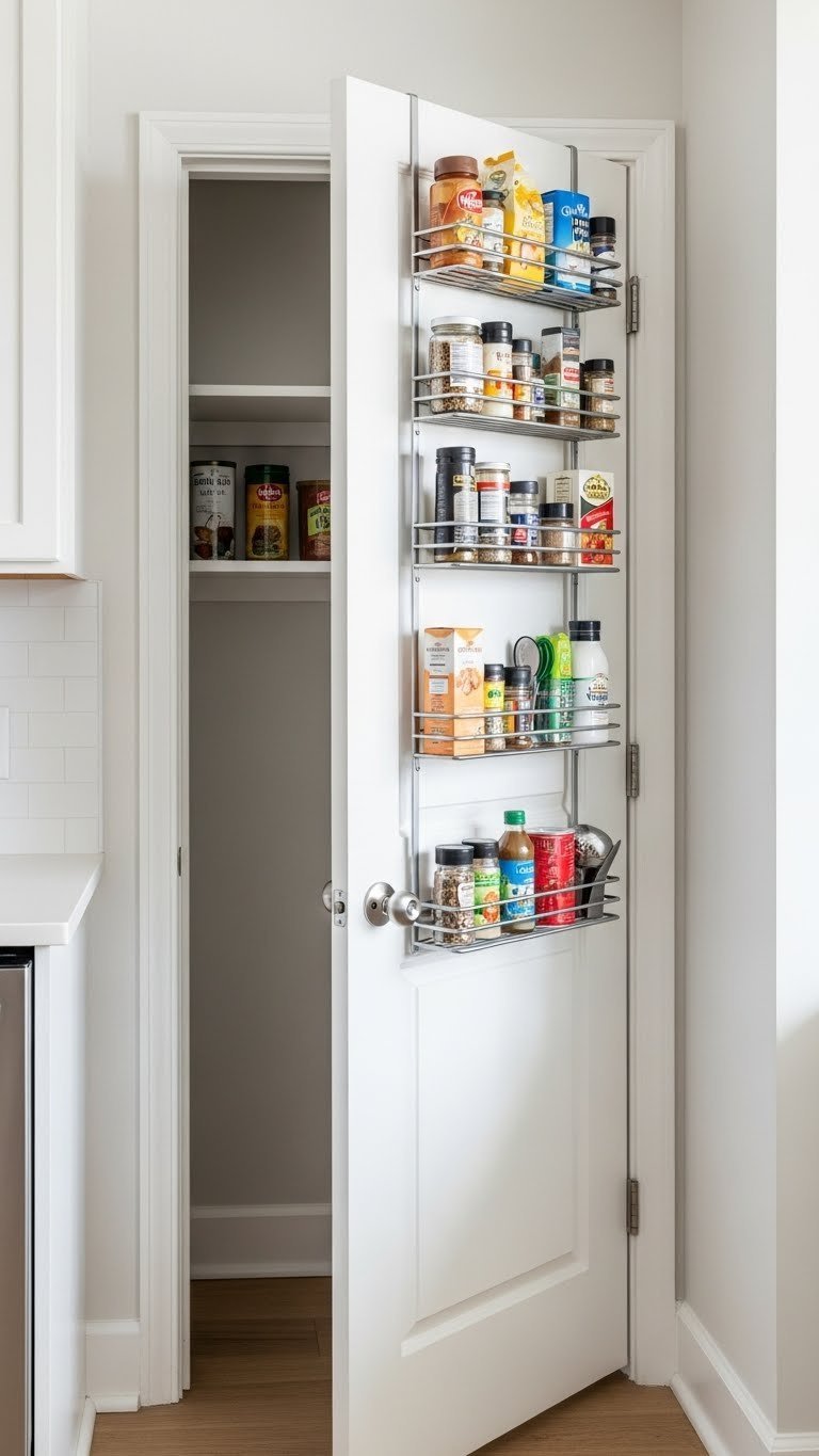 Over-the-door pantry organizer filled with non-perishable food items and kitchen gadgets on pantry door