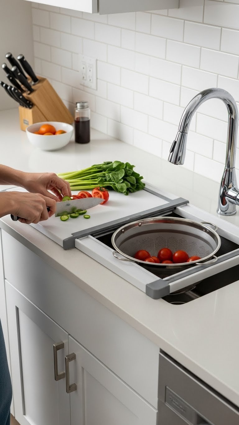 Over-the-sink colander and cutting board combo with fresh vegetables draining and being chopped