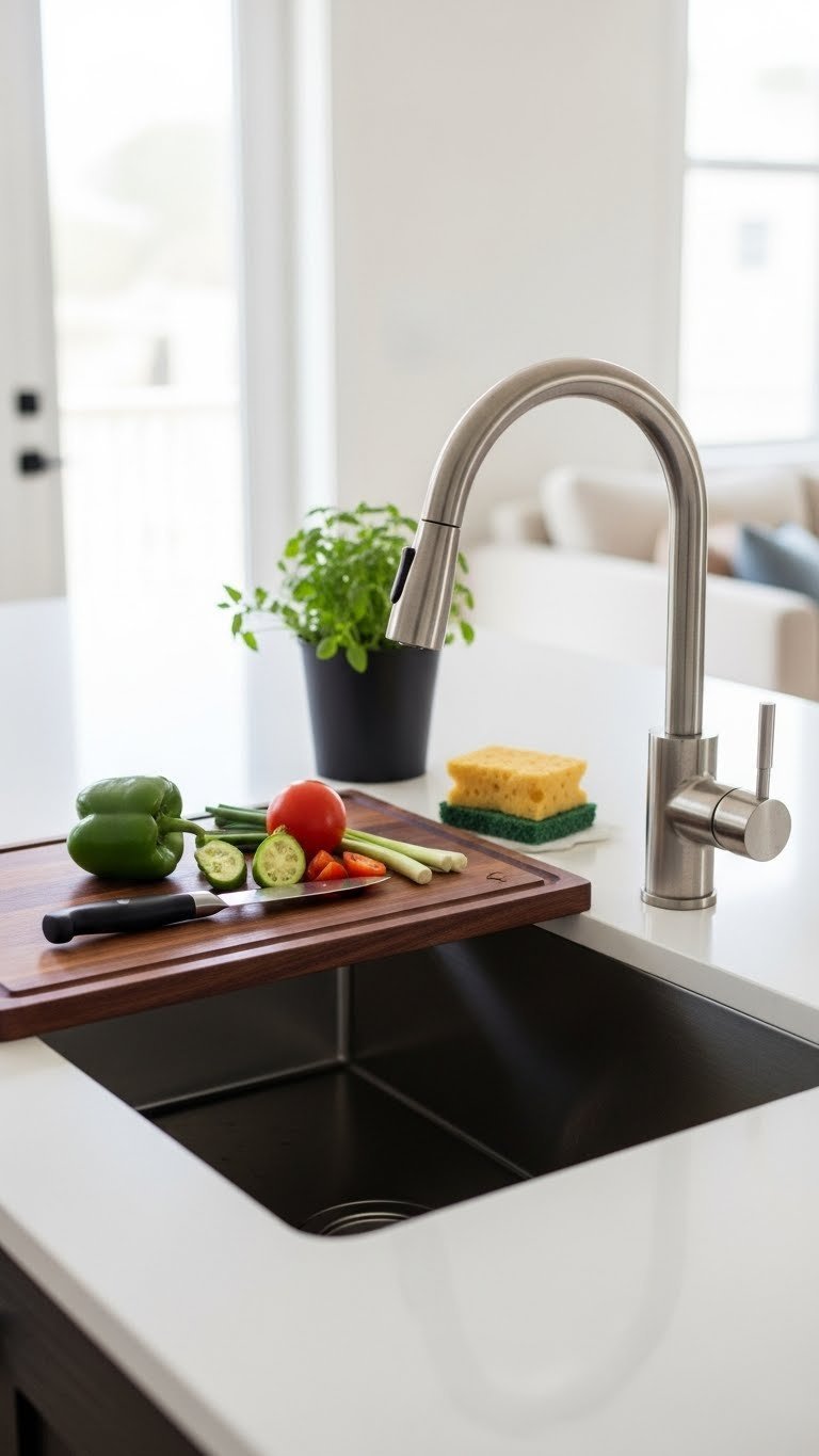 Over-the-sink cutting board made of dark wood with fresh vegetables ready for chopping in modern kitchen